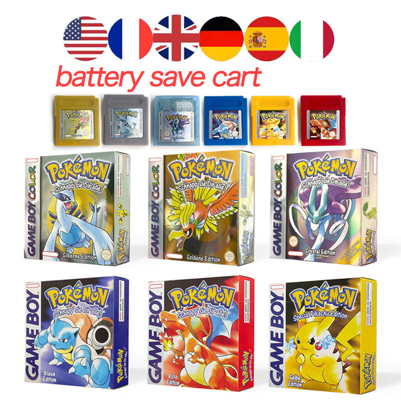 Battery Save pokemon yellow blue red crystal silver gold green USA EUR FRA ESP NOE ITA Game Cartridge with box for GBC