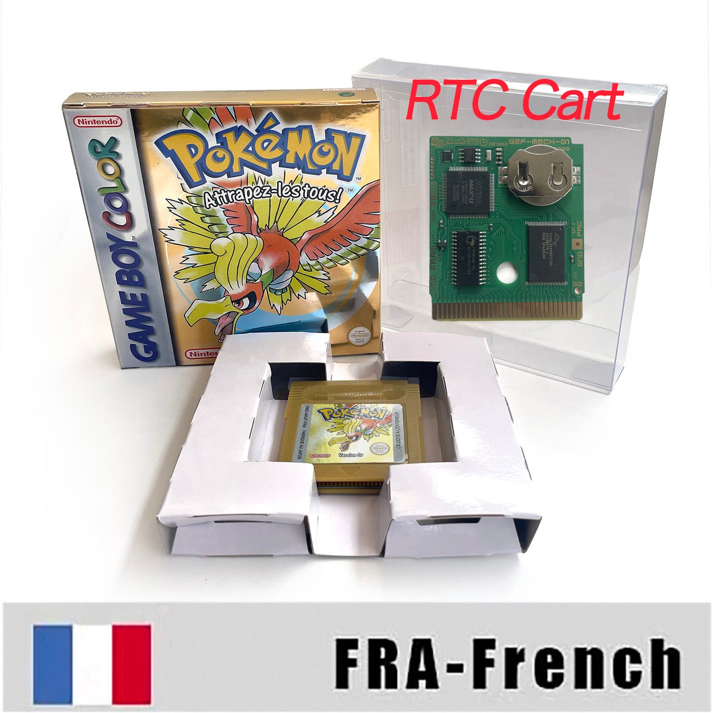 gbc game FRA French pokemon gold version RTC Flash cart Battery save pokemon Or cartridge with tray box game boy color