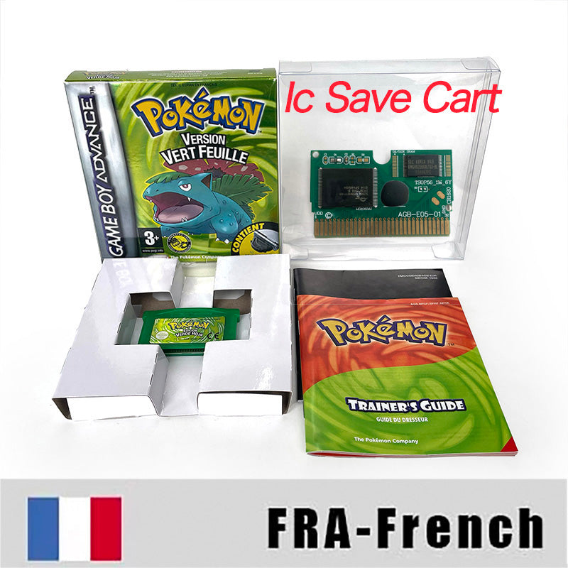 FRA French IC save 1 M flash cart pokemon feuille verte version sealed manual box with tray Nintendo game cartridge for gba game boy advance