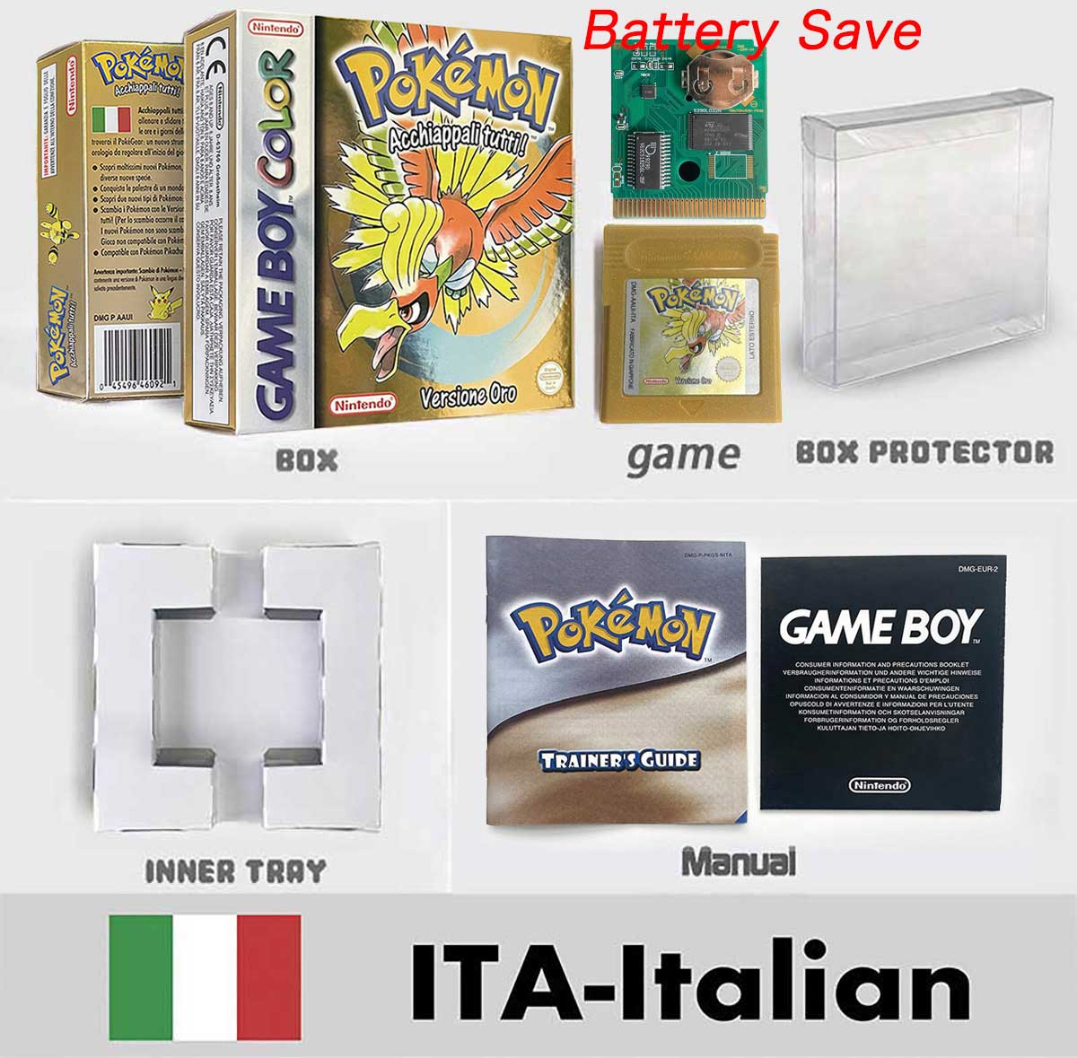 USA ITA NOE FRA ESP version battery save cart sealed pokemon crystal gold silver yellow red blue 16 bit box tray manual Game Cartridge for GBC