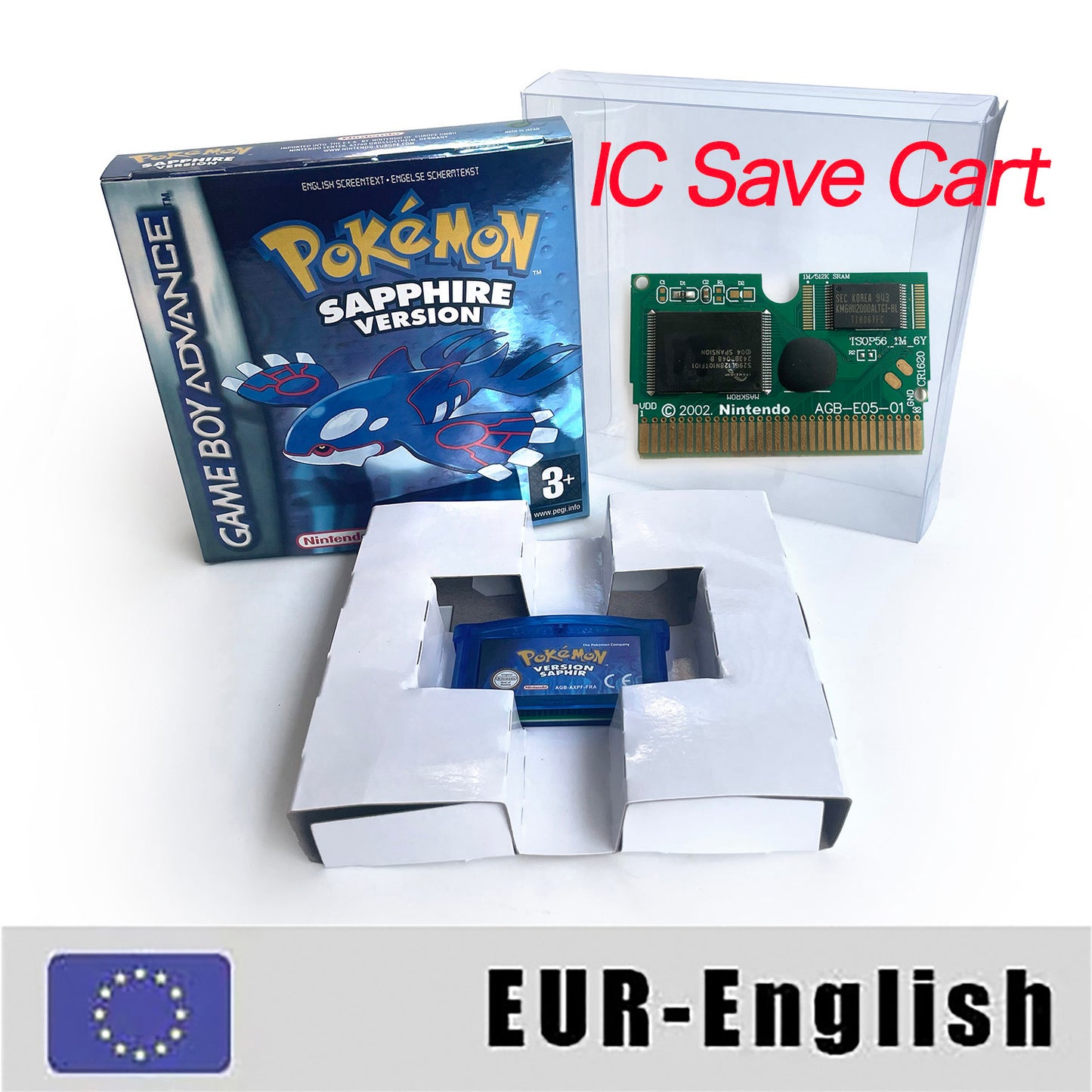 EUR English IC save rtc flash cart Real Time Clock pokemon sapphire version box with tray Nintendo game cartridge for gba