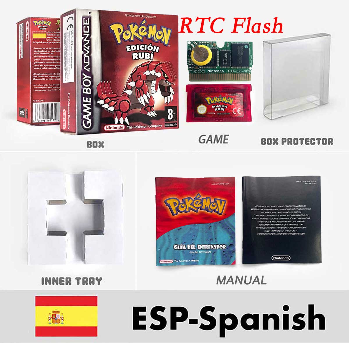 USA FRA NOE FRA RTC/1 M Flash CART pokemon sapphire ruby leafgreen emerald firered sealed box tray Game Cartridge manual for gba