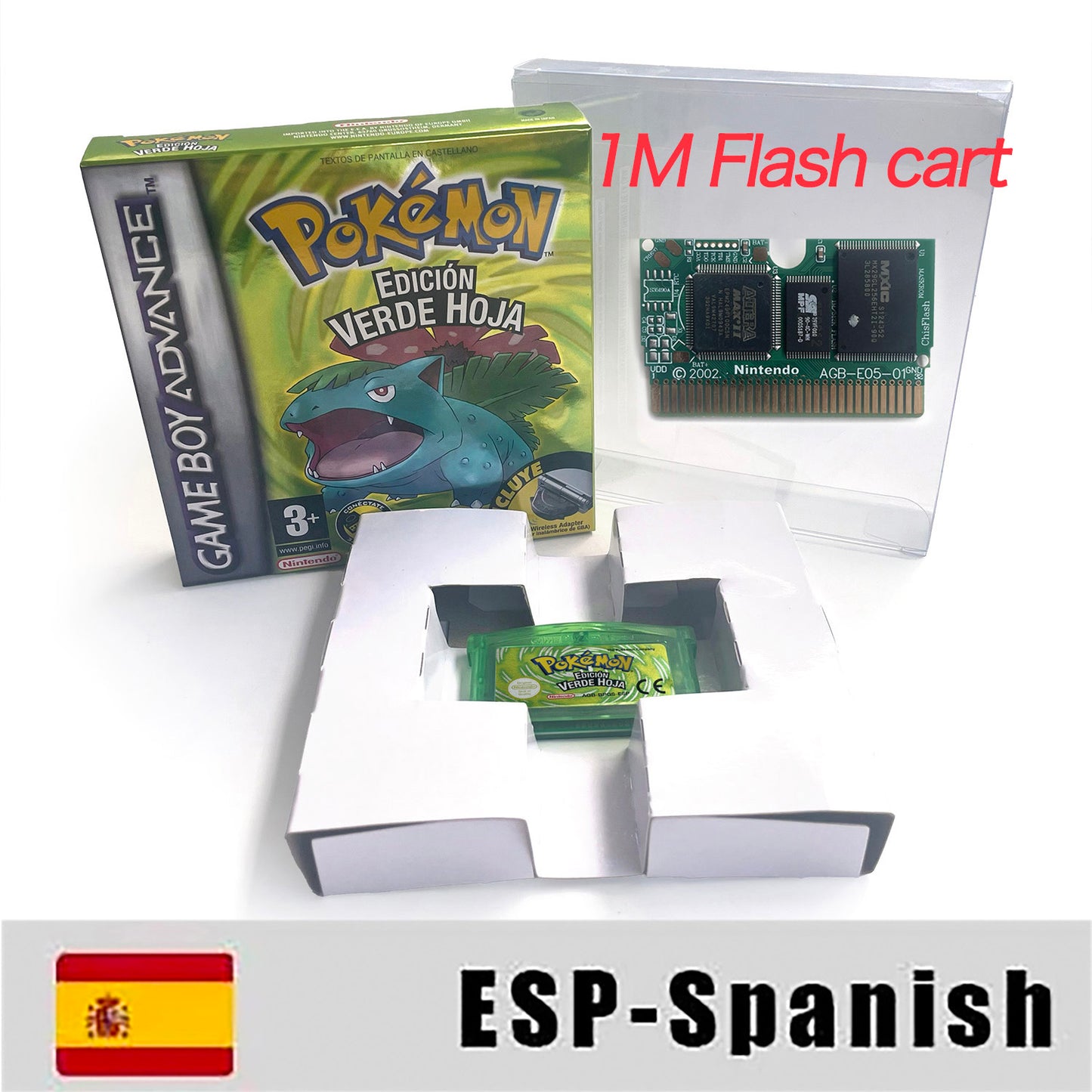 ESP Spanish IC save 1 M flash cart pokemon leafgreen version box with tray Nintendo game cartridge for gba