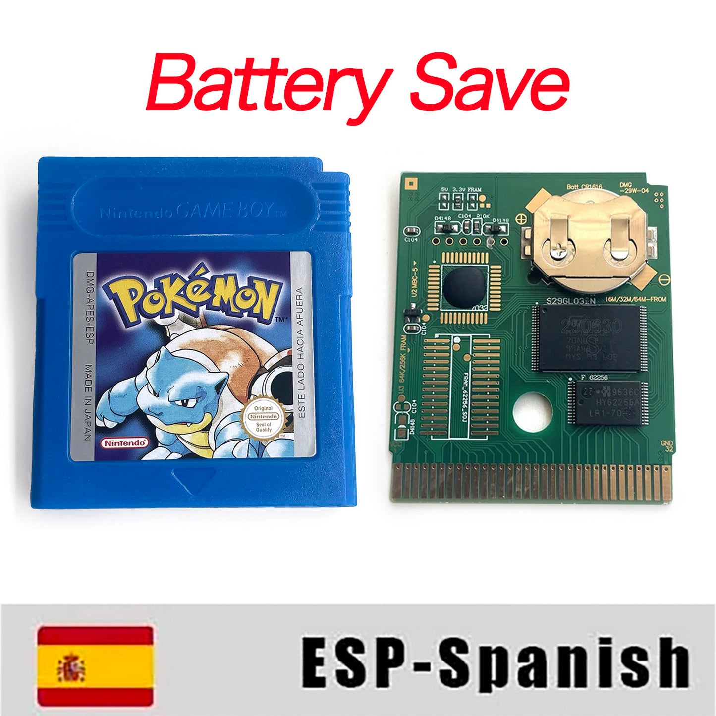 GBC game ESP Spanish pokemon blue version Nintendo Battery save flash cart pokemon azul cartridge tray box gbc game boy color