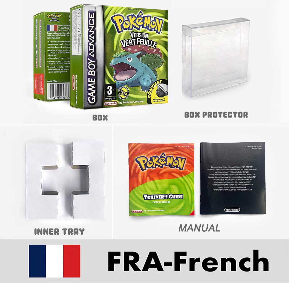 USA FRA NOE FRA Pokemon Emerald Ruby Firered Sapphire LeafGreen Box Tray Manual for Gba