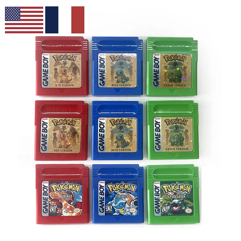 USA FRA English French Pokemon pure yume red blue green battery save cart Cartridge Video Game Console Card Rom Hack for gbc