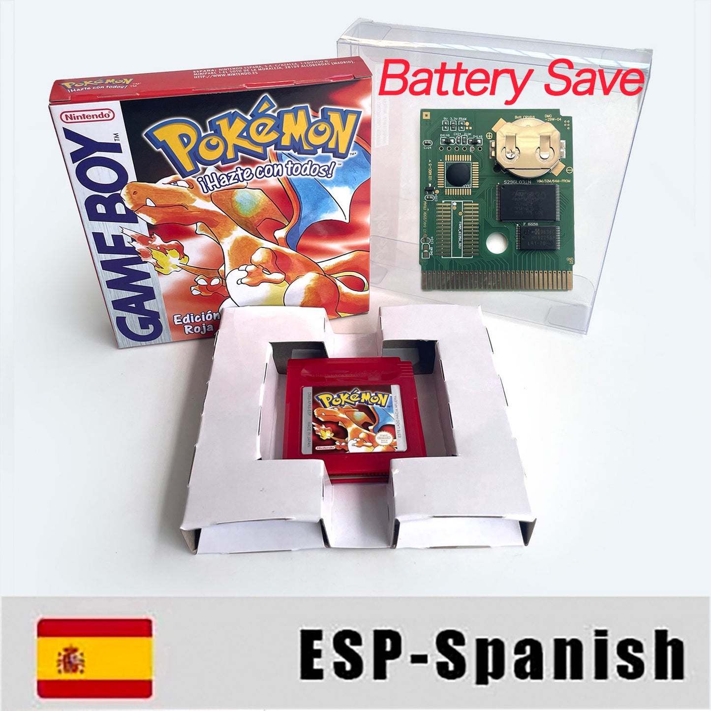 gbc game ESP Spanish pokemon red version Battery save no RTC Flash pokemon rojo cartridge with tray box gbc game boy color