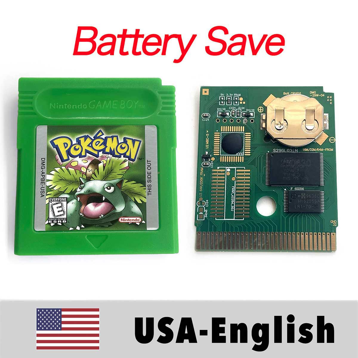 USA ITA NOE FRA ESP EUR Version Battery Save Cart Pokemon Yellow Red Crystal Gold Silver Blue Green 16 Bit Game Cartridge for GBC