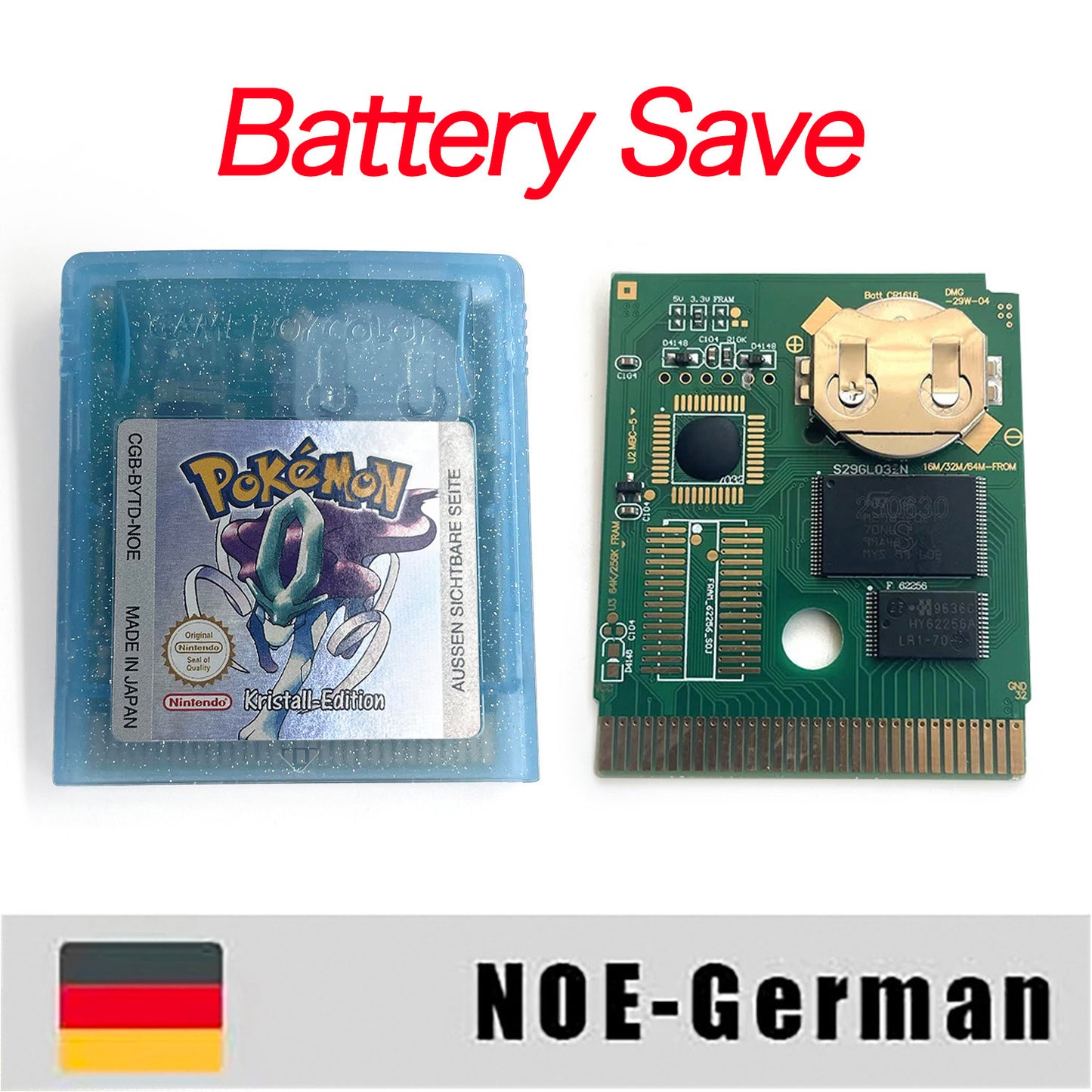 GBC game NOE German pokemon crystal version RTC Flash cart Battery save Nintendo pokemon Kristall cartridge tray box game boy color