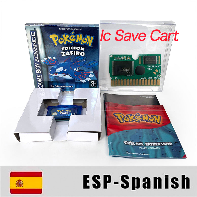 ESP Spanish IC save rtc flash cart Real Time Clock pokemon sapphire version sealed manual box with tray Nintendo game cartridge for gba