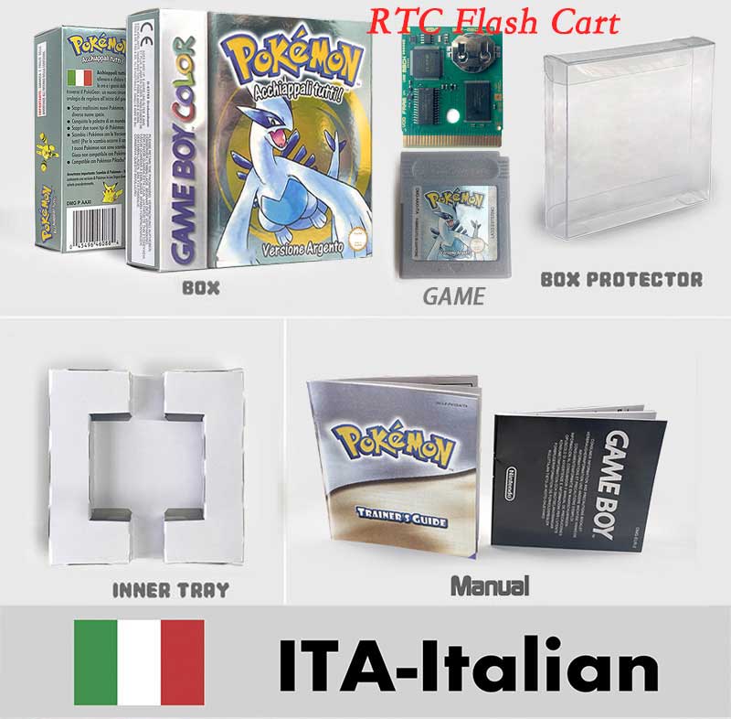 USA ITA NOE FRA ESP pokemon RTC Gold silver crystal NO RTC yellow red blue sealed 16 bit box tray manual Game Cartridge for GBC