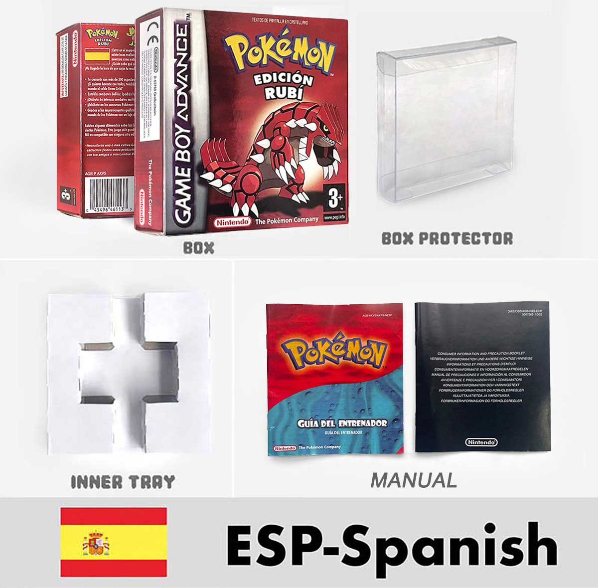 USA FRA NOE FRA Pokemon Emerald Ruby Firered Sapphire LeafGreen Box Tray Manual for Gba