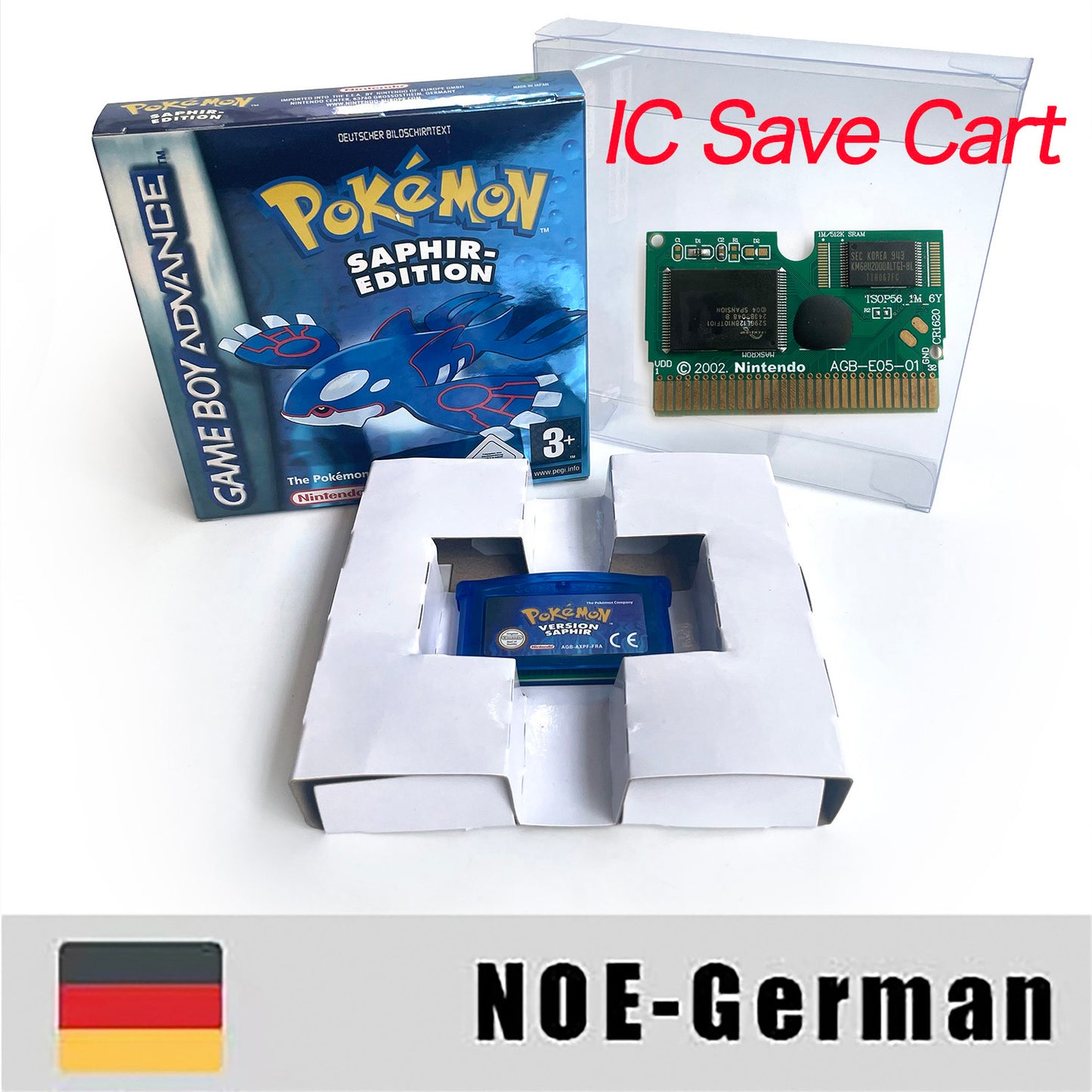 NOE German IC save rtc flash cart Real Time Clock pokemon sapphire version box with tray Nintendo game cartridge for gba