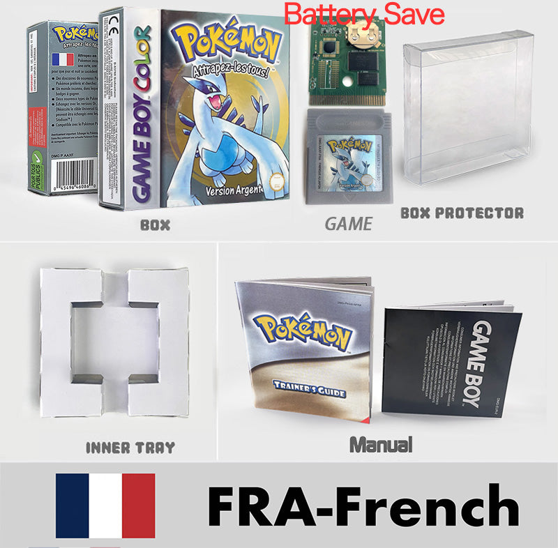 USA ITA NOE FRA ESP version battery save cart sealed pokemon crystal gold silver yellow red blue 16 bit box tray manual Game Cartridge for GBC