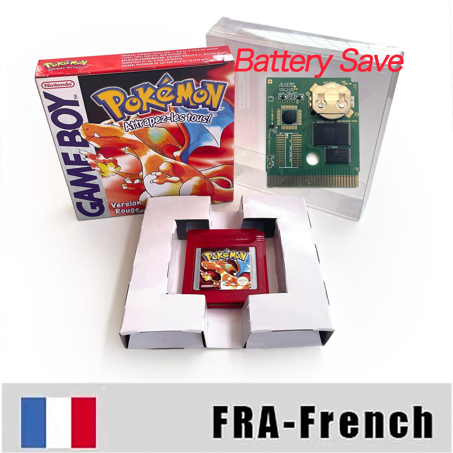 gbc game FRA French pokemon red rouge version Battery save no RTC Flash cartridge with tray box gbc game boy color