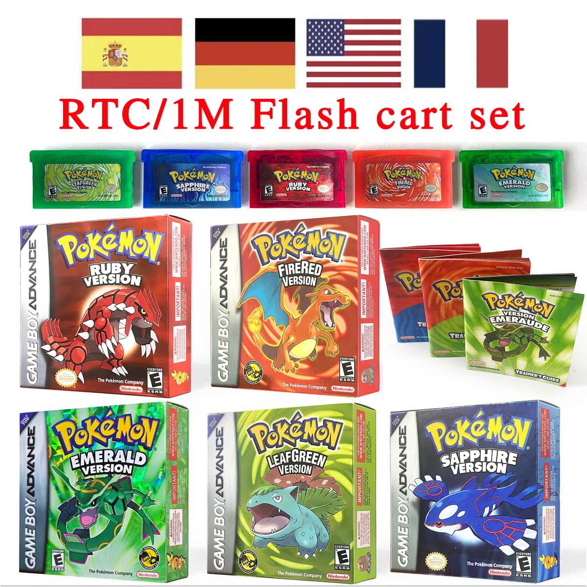 USA FRA NOE FRA RTC/1 M Flash CART pokemon sapphire ruby leafgreen emerald firered sealed box tray Game Cartridge manual for gba