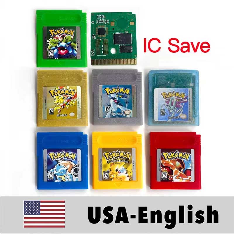 （Shipped from the United States) USA IC Save cart Pokemon Crtstal, Red, Blue green,Yellow, Gold, Silver, Game Cartridge for GBC