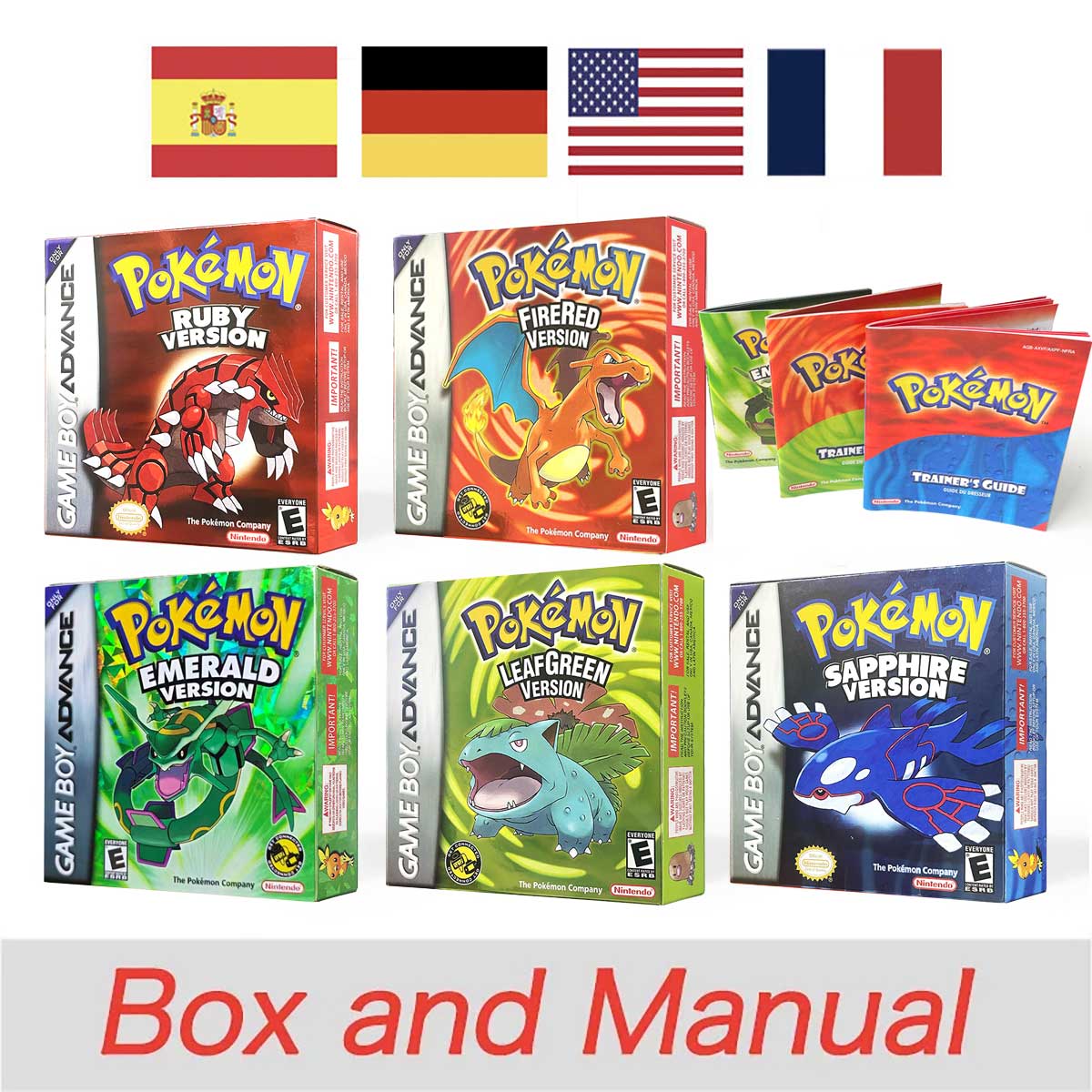 USA FRA NOE FRA Pokemon Emerald Ruby Firered Sapphire LeafGreen Box Tray Manual for Gba