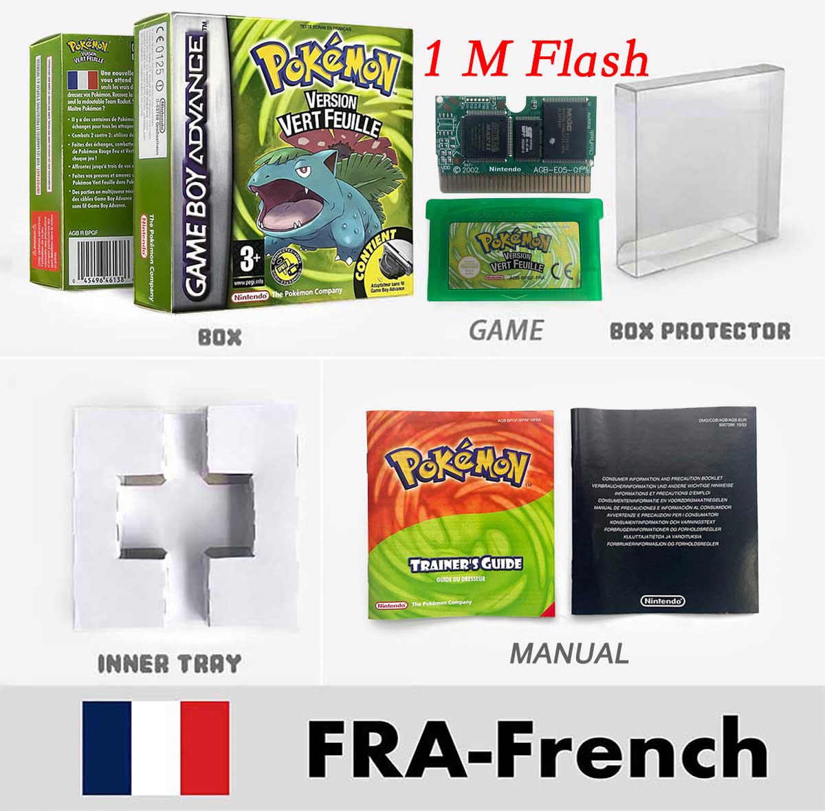 USA FRA NOE FRA RTC/1 M Flash CART pokemon sapphire ruby leafgreen emerald firered sealed box tray Game Cartridge manual for gba