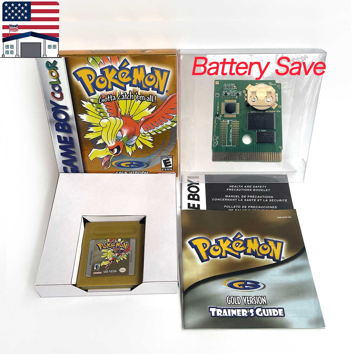 （Shipped from the United States)USA Pokemon Battery Save cart Crtstal, Red, Blue green,Yellow, Gold, Silver,  box trey manual Game Cartridge for GBC
