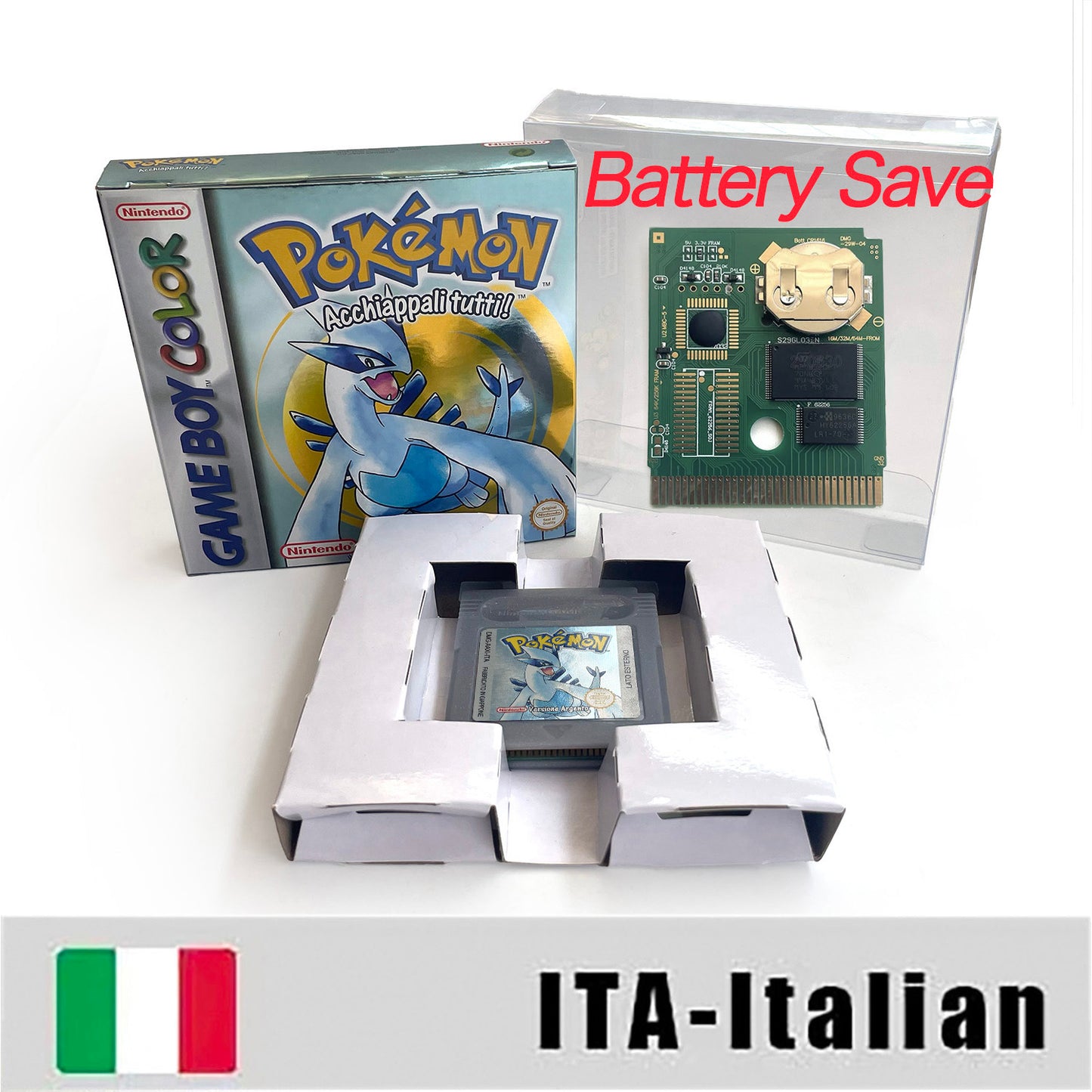 GBC game ITA Italian pokemon silver version RTC Flash cart Battery save Nintendo pokemon argento cartridge tray box game boy color