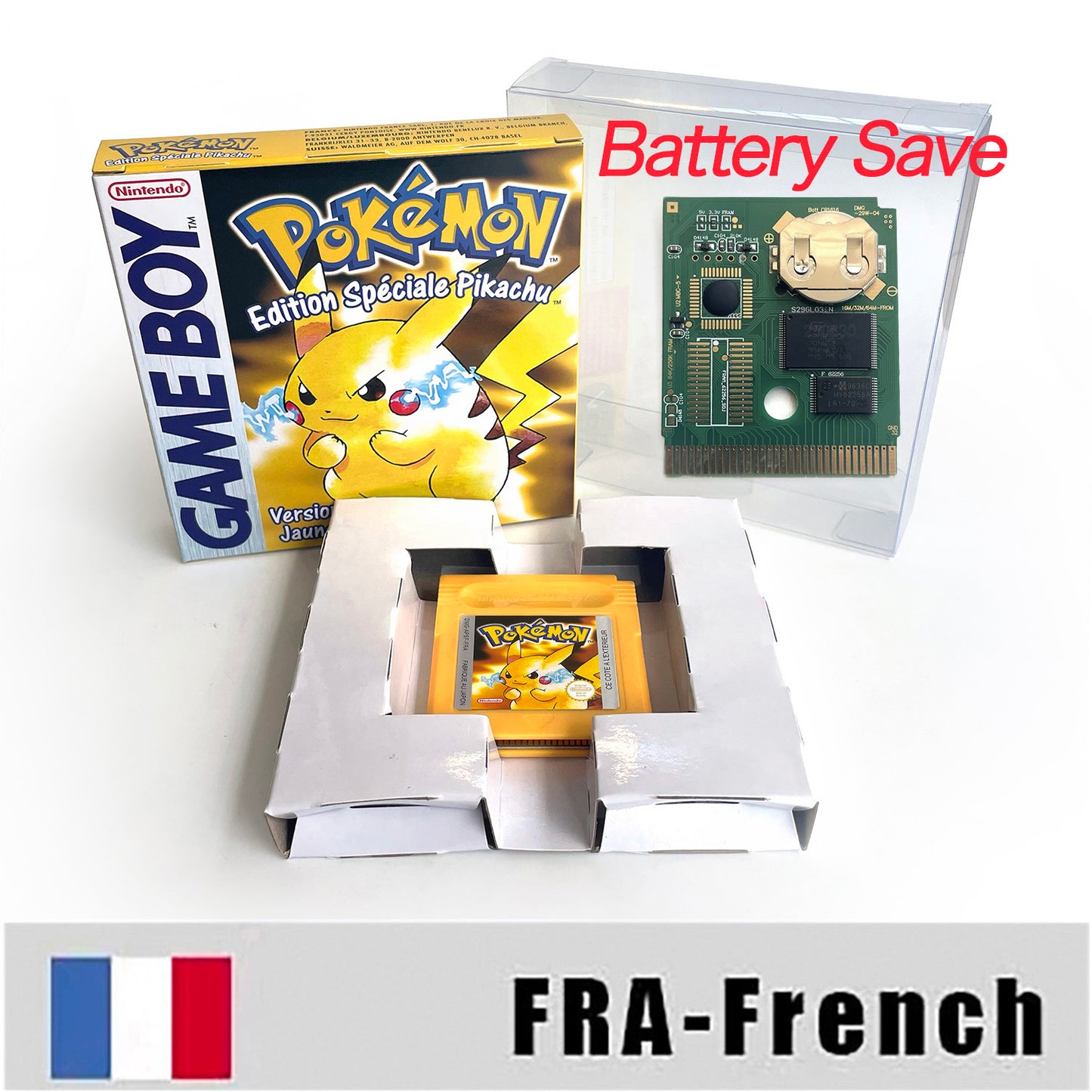 GBC game FRA French pokemon yellow version Nintendo Battery save NO RTC flash pokemon jaune cartridge tray box gbc game boy color