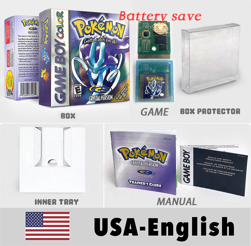 USA ITA NOE FRA ESP version battery save cart sealed pokemon crystal gold silver yellow red blue 16 bit box tray manual Game Cartridge for GBC