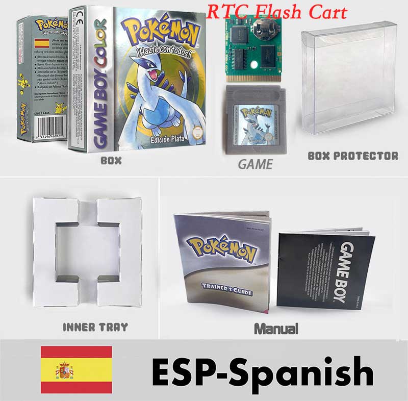 USA ITA NOE FRA ESP pokemon RTC Gold silver crystal NO RTC blue yellow red sealed 16 bit box tray manual Game Cartridge for GBC