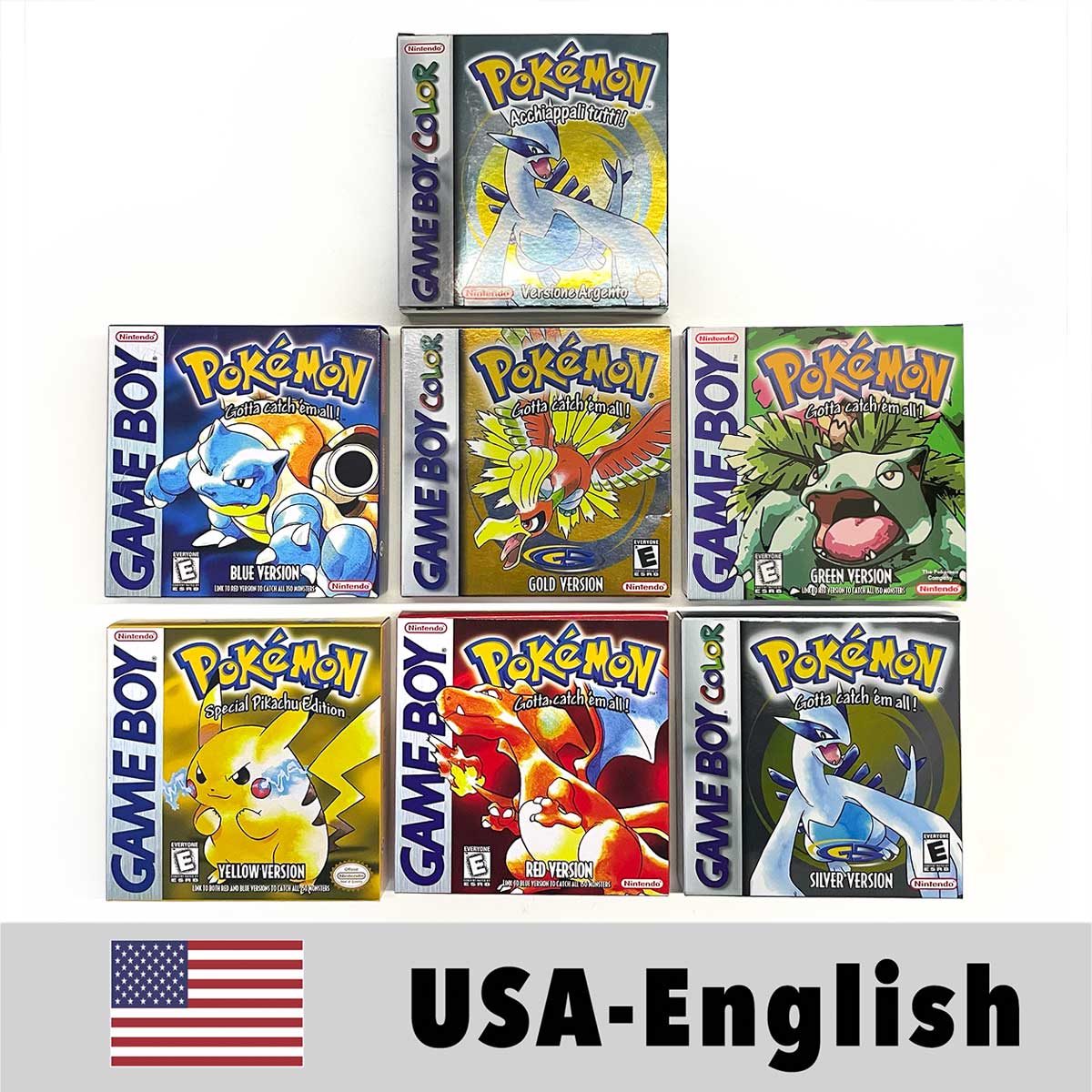 USA FRA NOE ESP ITA Pokemon Yellow Blue Red Crystal Silver Gold Green box and manual for GBC
