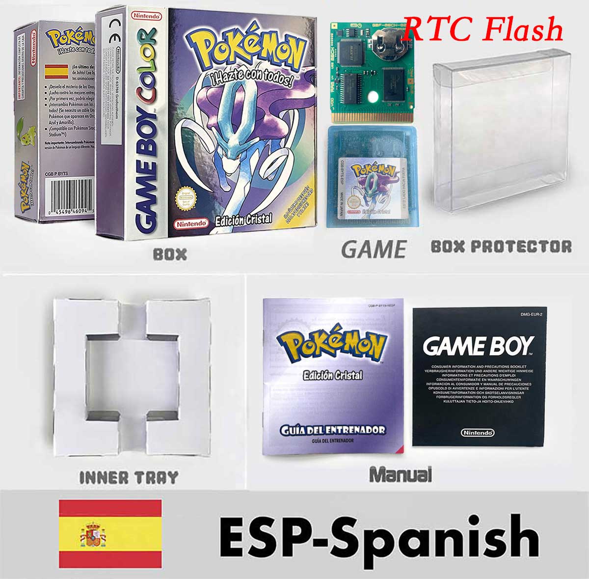USA ITA NOE FRA ESP pokemon RTC Gold silver crystal NO RTC yellow red blue sealed 16 bit box tray manual Game Cartridge for GBC