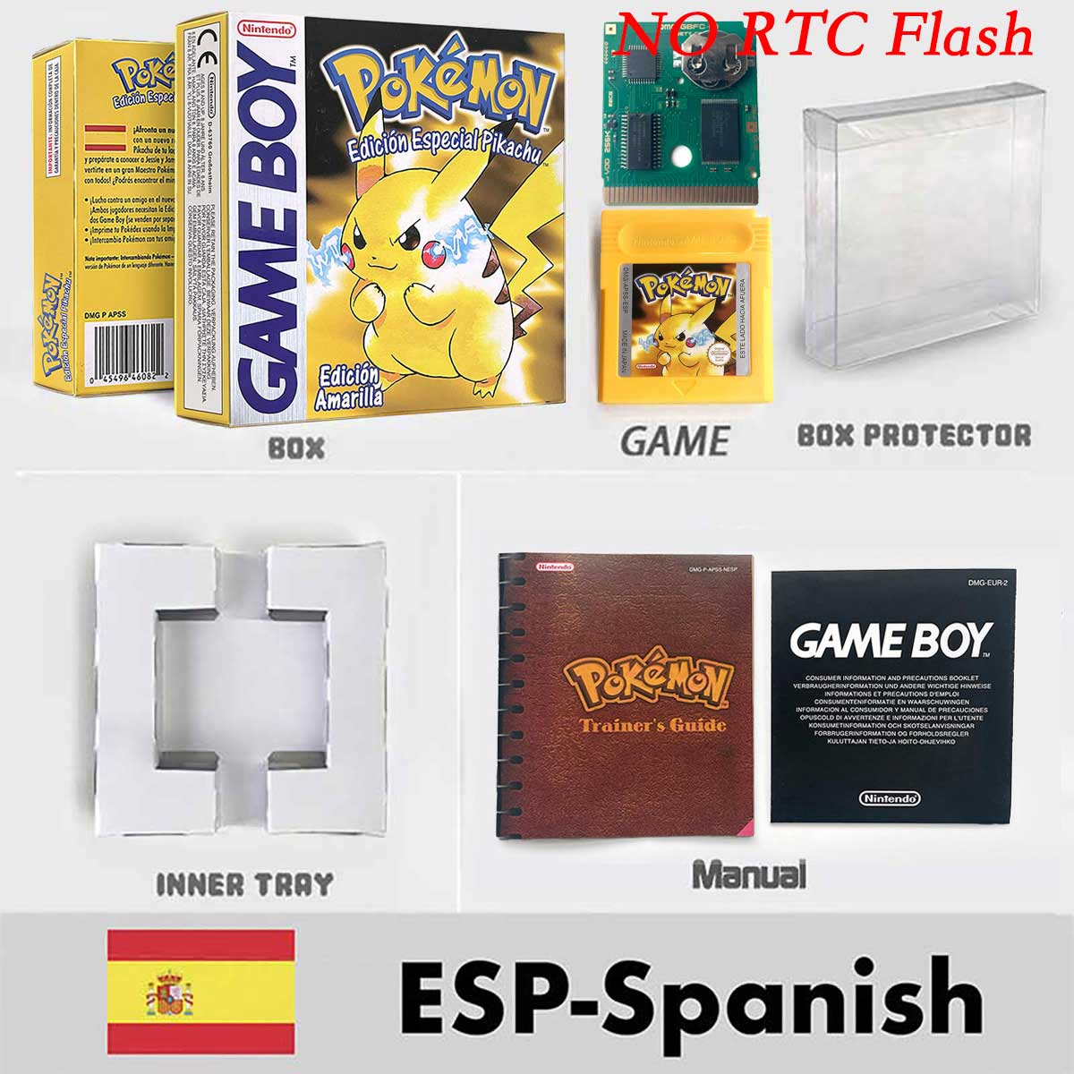 USA ITA NOE FRA ESP pokemon RTC Gold silver crystal NO RTC yellow red blue sealed 16 bit box tray manual Game Cartridge for GBC