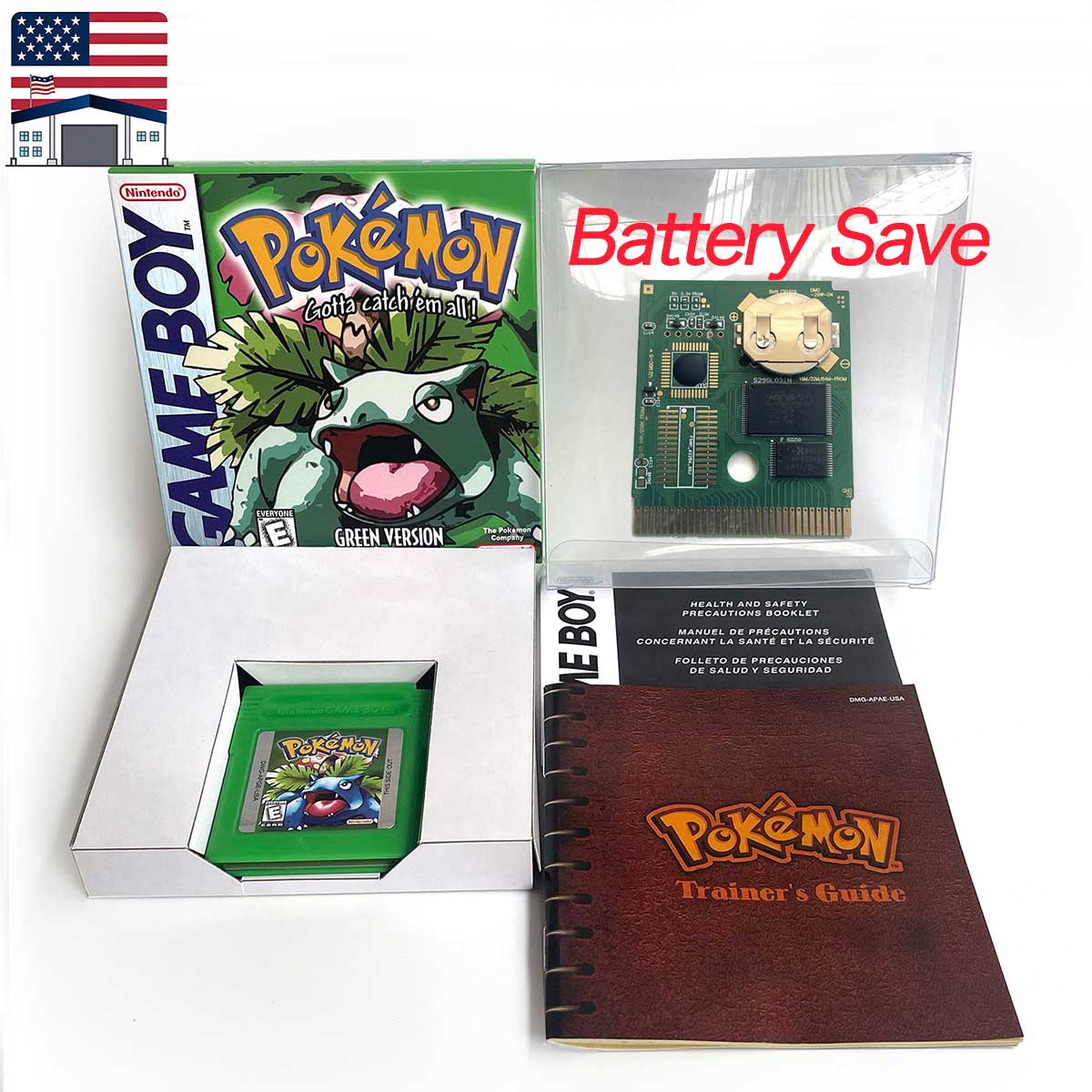 （Shipped from the United States)USA Pokemon Battery Save cart Crtstal, Red, Blue green,Yellow, Gold, Silver,  box trey manual Game Cartridge for GBC