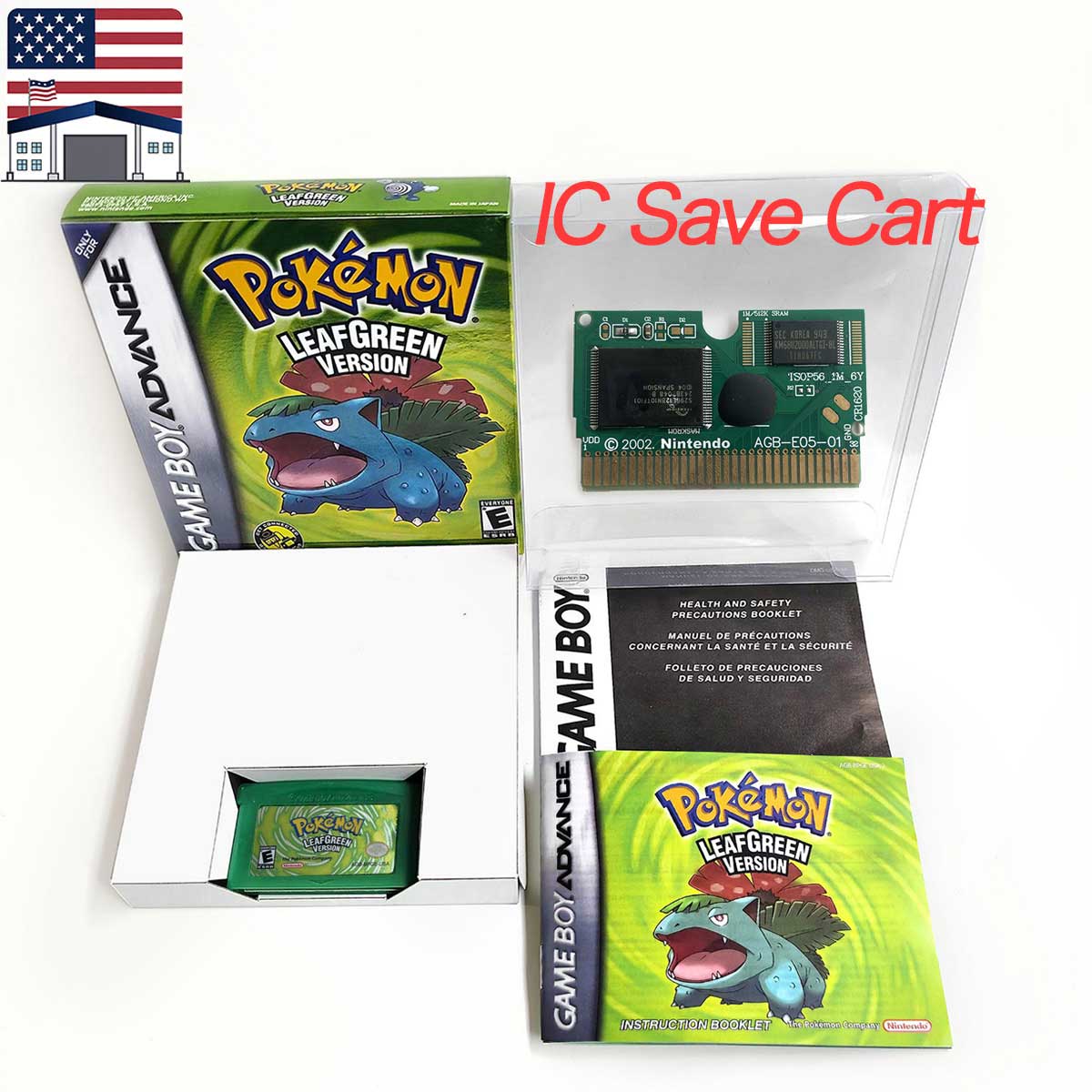 （Shipped from the United States) USA English IC Save Pokemon Emerald Sapphire Leafgreen Ruby Firered Metallic FoilFinish Box Trey Manual Game Cartridge for GBA