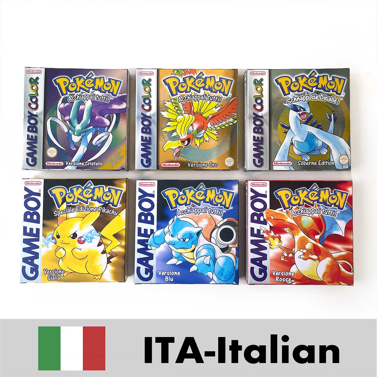 USA FRA NOE ESP ITA Pokemon Yellow Blue Red Crystal Silver Gold Green box and manual for GBC