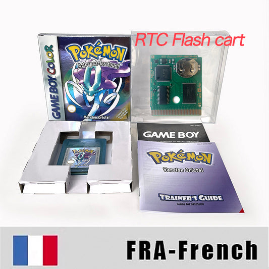GBC game FRA French pokemon crystal version RTC Flash cart Battery save Nintendo pokemon cristal cartridge tray box game boy color