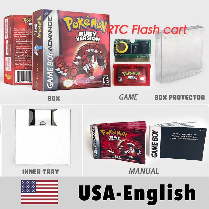 USA FRA NOE FRA RTC/1 M Flash CART pokemon sapphire ruby leafgreen emerald firered sealed box tray Game Cartridge manual for gba