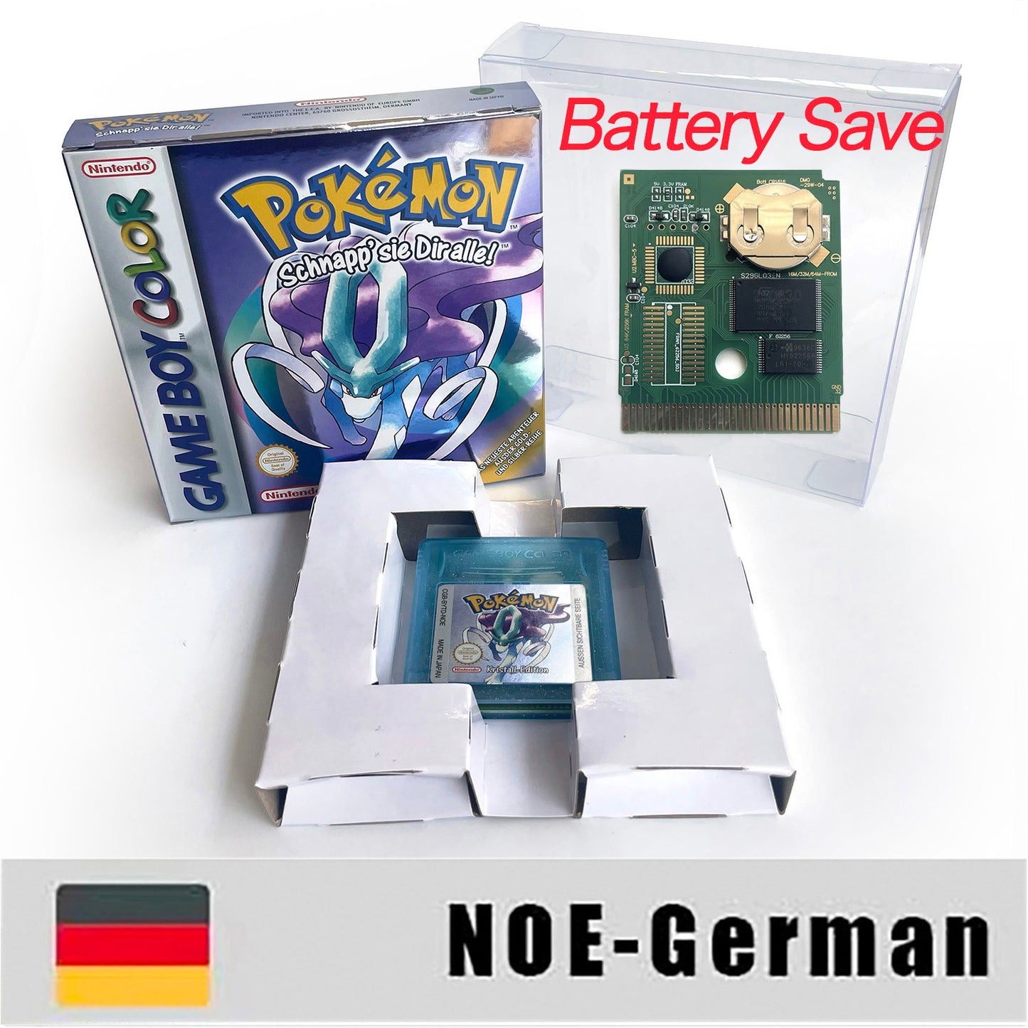 GBC game NOE German pokemon crystal version RTC Flash cart Battery save Nintendo pokemon Kristall cartridge tray box game boy color