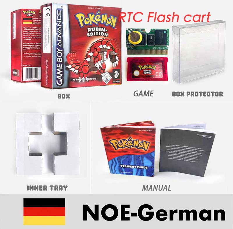 USA FRA NOE FRA RTC/1 M Flash CART pokemon sapphire ruby leafgreen emerald firered sealed box tray Game Cartridge manual for gba