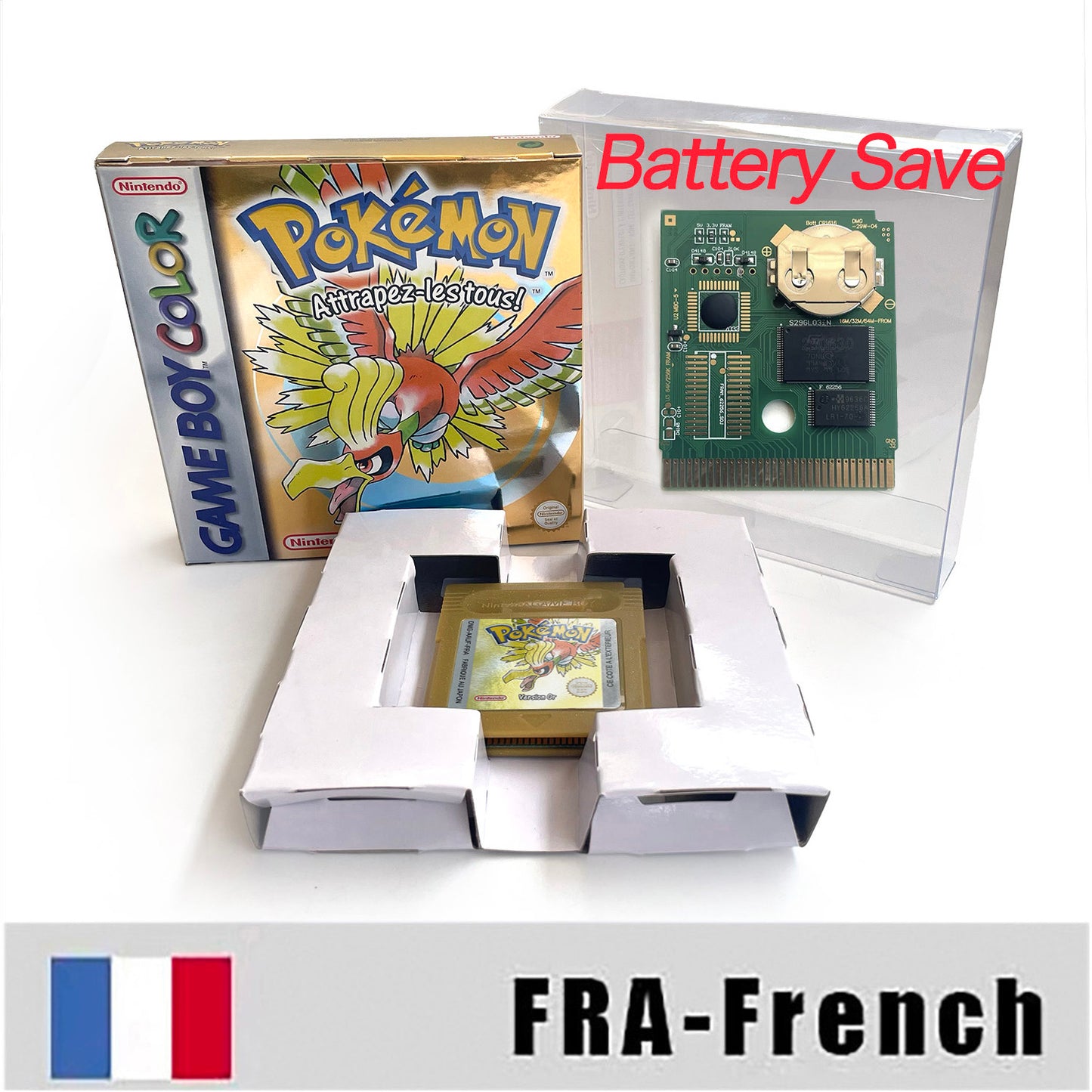 gbc game FRA French pokemon gold version RTC Flash cart Battery save pokemon Or cartridge with tray box game boy color