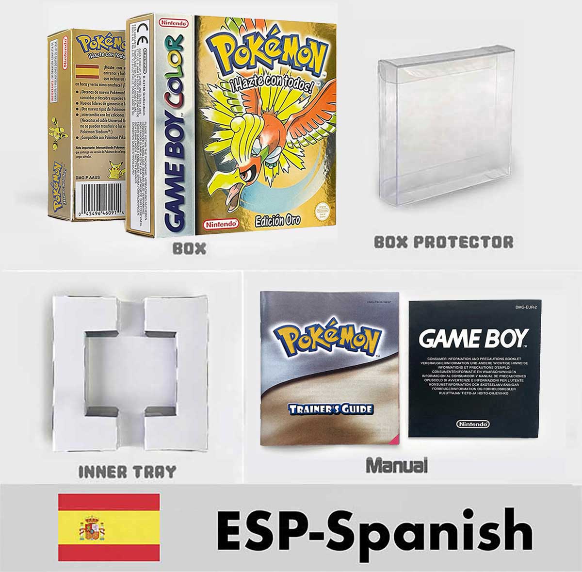 USA FRA NOE ESP ITA Pokemon Yellow Blue Red Crystal Silver Gold Green box and manual for GBC