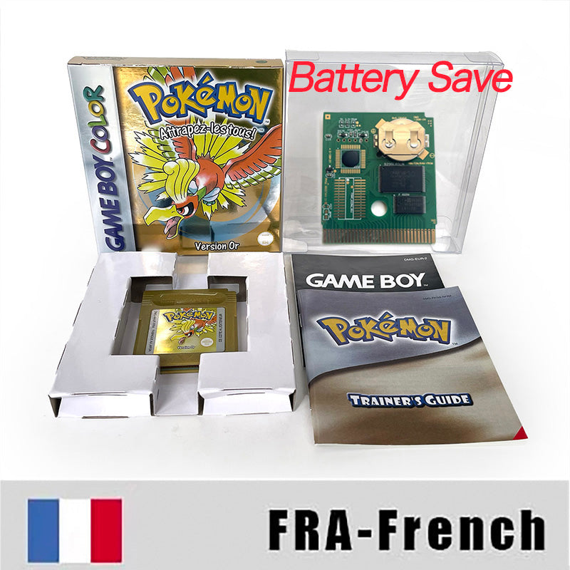 gbc game FRA French pokemon gold version RTC Flash cart Battery save pokemon Or cartridge with tray box game boy color