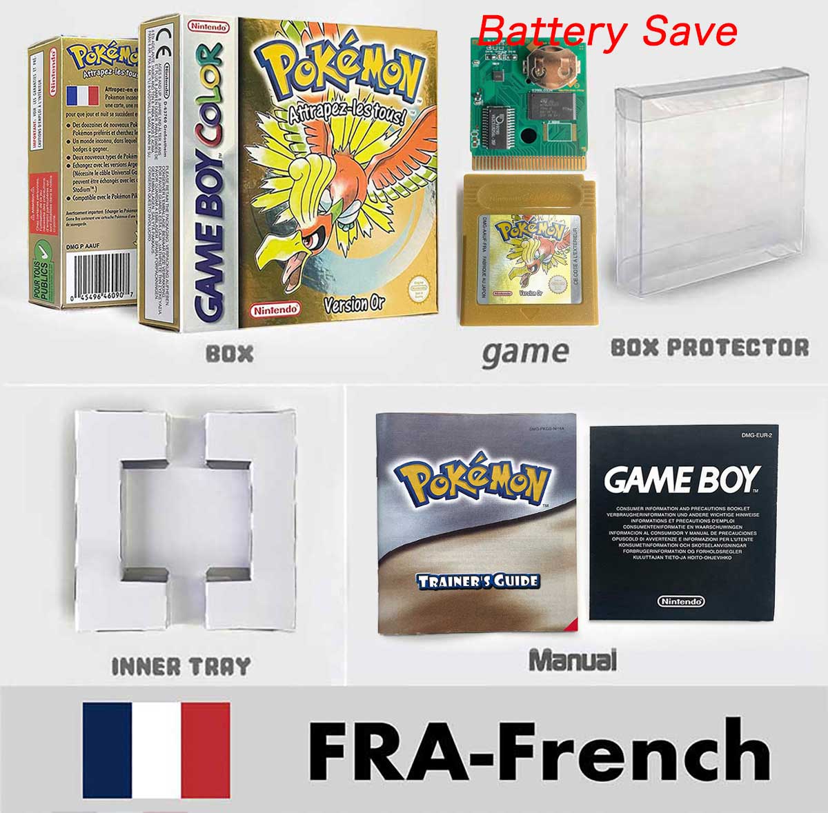 USA ITA NOE FRA ESP version battery save cart sealed pokemon crystal gold silver yellow red blue 16 bit box tray manual Game Cartridge for GBC