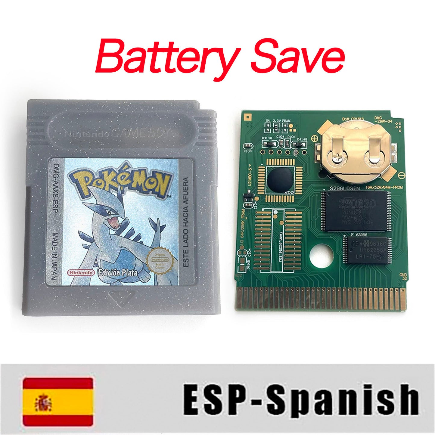 GBC game ESP Spanish pokemon silver version RTC Flash cart Battery save Nintendo pokemon plata cartridge tray box game boy color