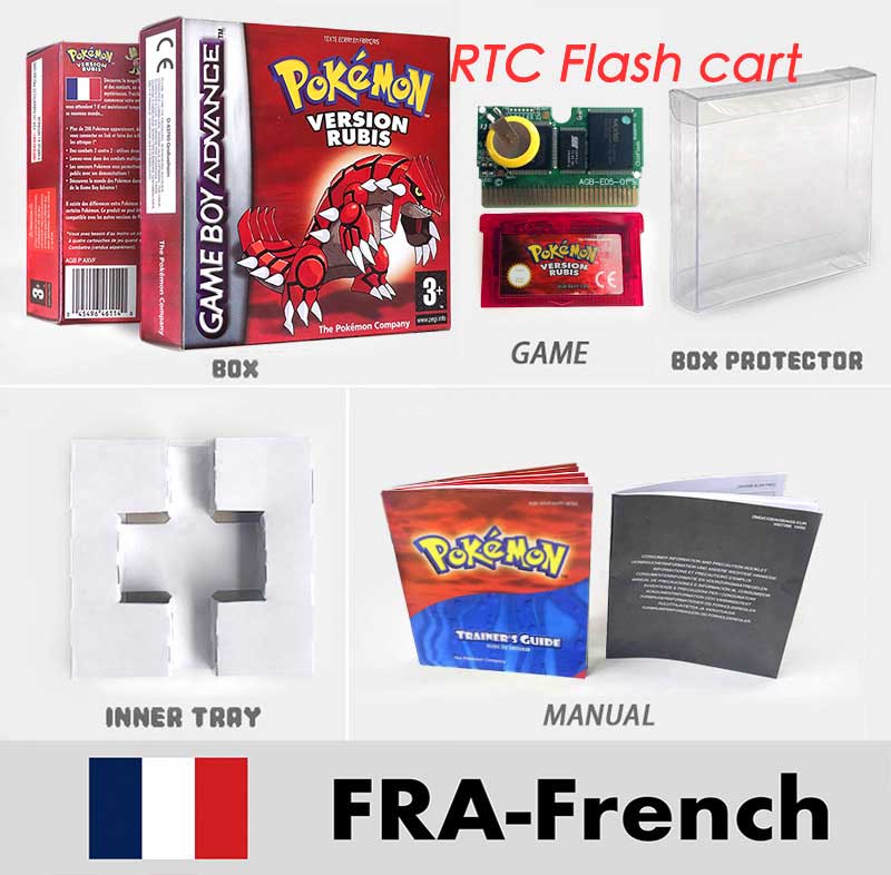 USA FRA NOE FRA RTC/1 M Flash CART pokemon sapphire ruby leafgreen emerald firered sealed box tray Game Cartridge manual for gba
