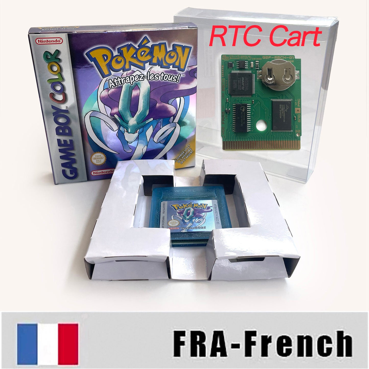GBC game FRA French pokemon crystal version RTC Flash cart Battery save Nintendo pokemon cristal cartridge tray box game boy color