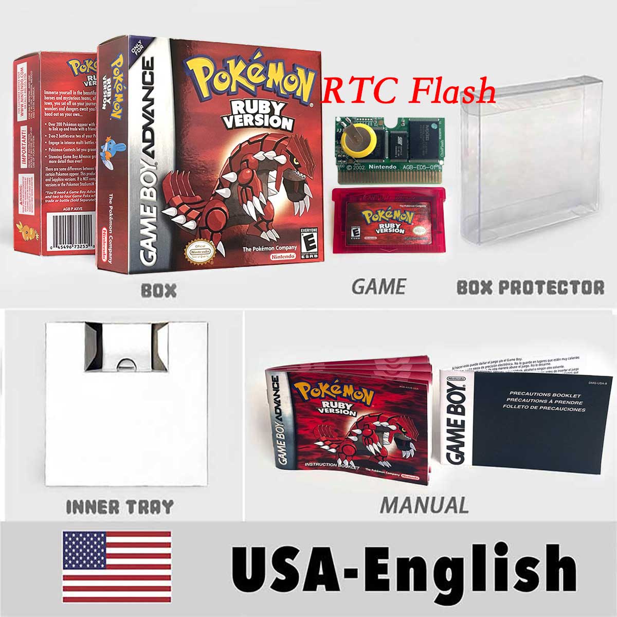 USA FRA NOE FRA RTC/1 M Flash CART pokemon sapphire ruby leafgreen emerald firered sealed box tray Game Cartridge manual for gba