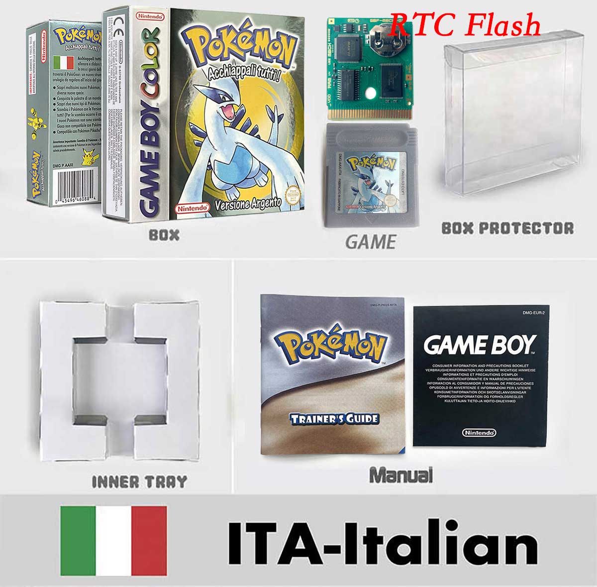 USA ITA NOE FRA ESP pokemon RTC Gold silver crystal NO RTC yellow red blue sealed 16 bit box tray manual Game Cartridge for GBC
