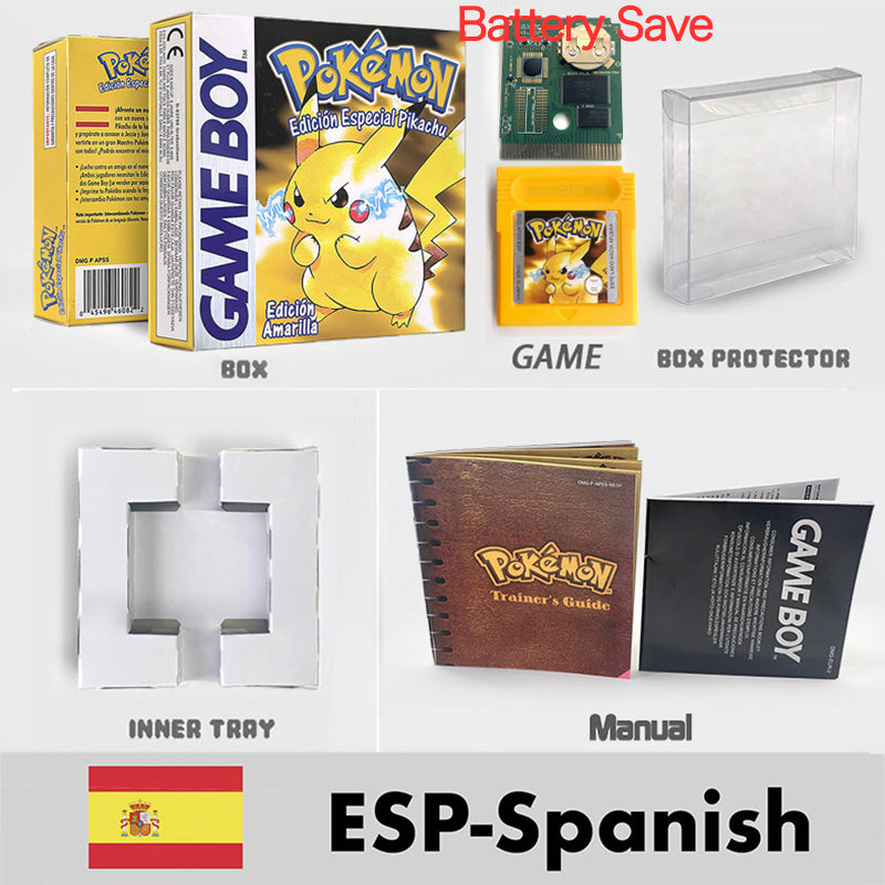 USA ITA NOE FRA ESP version battery save cart sealed pokemon crystal gold silver yellow red blue 16 bit box tray manual Game Cartridge for GBC
