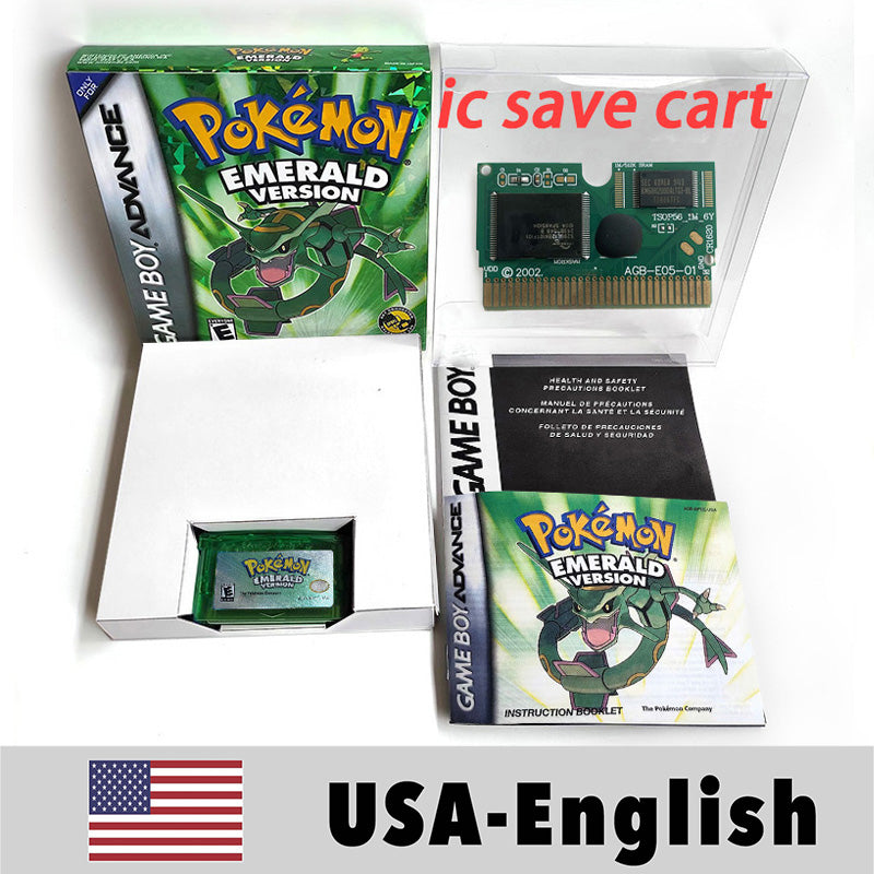 （Shipped from the United States) USA English IC Save Pokemon Emerald Sapphire Leafgreen Ruby Firered Metallic FoilFinish Box Trey Manual Game Cartridge for GBA