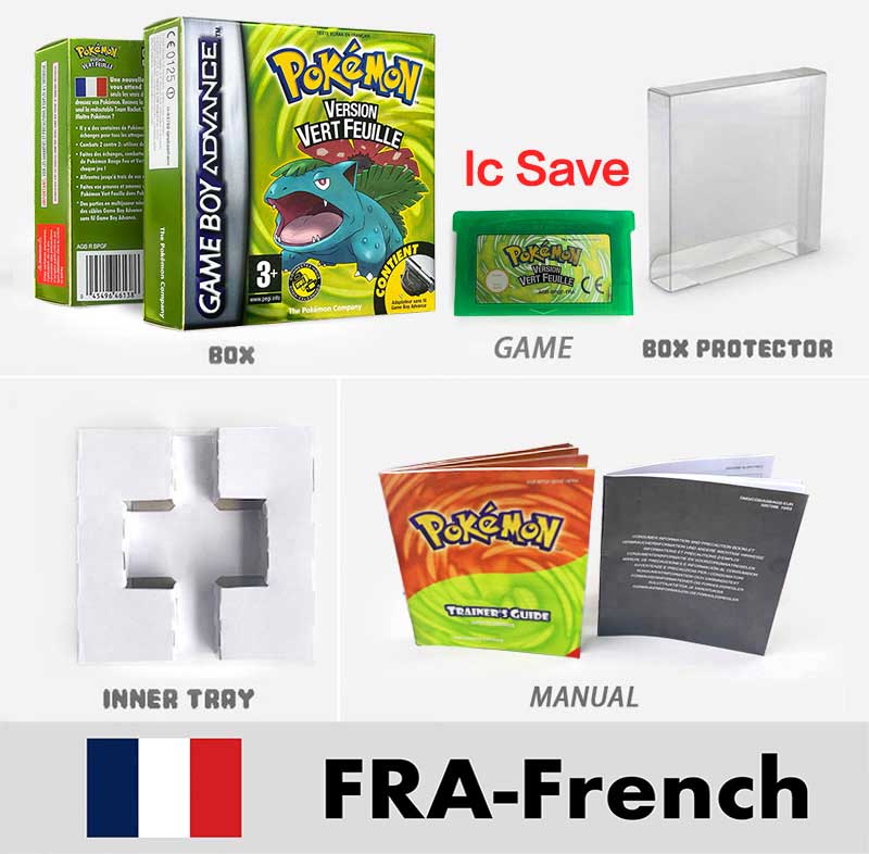 USA FRA NOE FRA IC SAVE Pokemon Emerald Ruby Sapphire LeafGreen Firered Sealed Box Tray Game Cartridge Manual for Gba